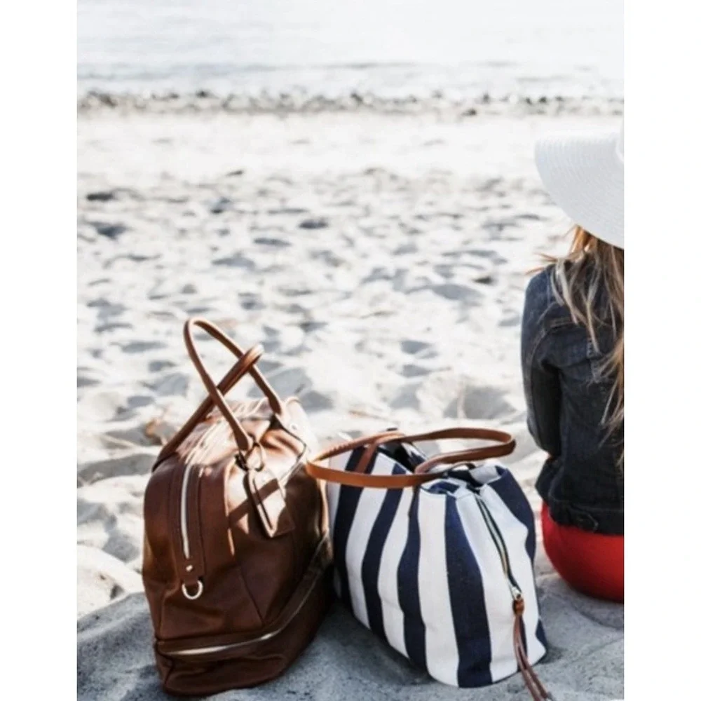 Sole Society Stripes Canvas, Bag, Navy, And‎ Cream Color large Carryall
